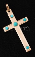 cca 1930 Arany (Au.) 14K kereszt medál, türkiz kövekkel, bruttó: 2,7 g, 3,5×2 cm
