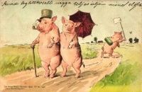 Pipe smoking pig, pig couple, Gebrüder Obpacher Serie VI. No. 15990. litho (EK)