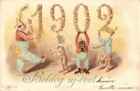 1902 New Year, Clown, circus acrobat dogs and monkey, floral litho (b)