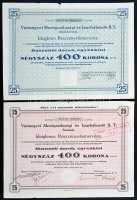 Budapest 1923-1925. 'Vármegyei Mezőgazdasági és Iparfejlesztő R.T. Szolnok' 2db ideiglenes részvényelismervény huszonöt darab egyenként 400K névértékű részvényről, mindkettő szárazpecséttel T:III
