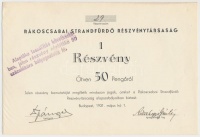 Budapest 1931. 'Rákoscsabai Strandfürdő Részvénytársaság' részvények 50P-ről, bélyegzésekkel (2x) sorszámkövetők T:I-