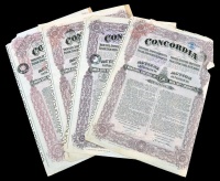 Románia / Bukarest 1921-1924. 'Concordia - Román Olajtársaság' részvénye 250L-ről (4x), szelvényekkel és felülbélyegzésekkel T:III ragasztottak Romania / Bucharest 1921-1924. 'Concordia - Romanian Oil Industry' share about 250 Lei (4x)