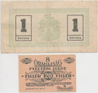 Budapest 1919. 20f '8 Órai Újság' +  Miskolc 1919. 1K T:III szakadás