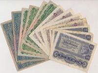 Ausztria 1922. 10K (3x) + 20K (4x) + 100K (4x) + 1000K (2x) T:I-,III,III-
Austria 1922. 10 Kronen + 20K (4x) + 100 Kronen (4x) + 1000 Kronen (2x) C:AU,F,VG