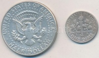Amerikai Egyesült Államok 1958D 1D Ag 'Roosevelt' + 1967. 1/2$ Ag 'Kennedy' T:2,2-
USA 1958. 1 Dime Ag 'Roosevelt' + 1967. 1/2 Dollar Ag 'Kennedy' C:XF,VF