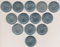 Amerikai Egyesült Államok 1971-1971D 1/2$ 'Kennedy' (13x) T:2,2-
USA 1971-1971D 1/2 Dollar 'Kennedy' (13x) C:XF,VF