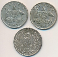 Vegyes: Ausztrália 1963. 6P Ag (2x) + Német Birodalom 1914J 1/2M Ag T:2,2-
Mixed: Australia 1963. 6 Pence Ag (2x) + German Empire 1914J 1/2 Mark Ag C:XF,VF