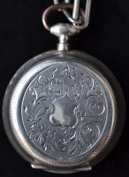 Ezüst zsebóra, kulccsal és lánccal, Cylindre  huite rubis, Ag., bruttó:34,7gr., jelzett, működik, d:3cm / Silver pocket watch with key and chain, Cylindre huite Rubis, Ag, gross:.. 34,7gr, marked, operate, d: 3cm