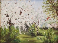 Bálint jelzéssel: Virágzó fák. Olaj, vászon (hibás), keretben, 15×20 cm