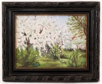 Bálint jelzéssel: Virágzó fák. Olaj, vászon (hibás), keretben, 15×20 cm
