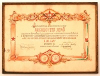 Bozó Gyula (1913-2004): Oklevél 1949. Akvarell, papír (sérült), jelzett, üvegezett keretben, 30×39 cm
