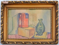 D.J. jelzéssel: Dobozos csendélet. Akvarell, papír, üvegezett keretben, 30×42 cm