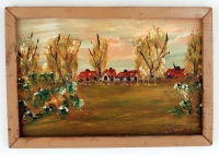 Dombi jelzéssel: Házak a határban, olaj, fa, keretben, 26×40 cm