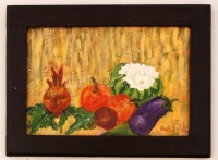 Hajós jelzéssel: Zöldség csendélet. Olaj, farost, 21×30 cm