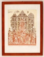 Molnár Gabriella (1940-): Körmenet. Színes rézkarc (EA I/XV), papír, jelzett, üvegezett keretben, 28×23 cm