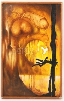 Pálfy István (1951-): A lenyugvó Nap ereje. Olaj, farost, hátoldalán jelzett, keretben, 80×50 cm