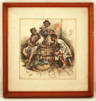 R.R jelzéssel: Kártyások. Színezett rézkarc, papír, üvegezett keretben, 24×21 cm