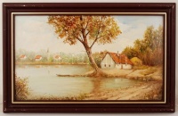 Rónai Antal (1926- ): Folyópart, olaj, farost, jelzett, fa keretben, 38,5×68,5 cm