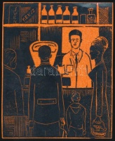 Takács Dezső (1933-): Pultban. Linó, papír, jelzett a linón, 14×12 cm