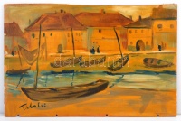 Tibor jelzéssel: Kikötő. Olaj, falemez, sérült, 32×48  cm