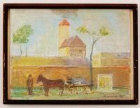 Udvardi Gyula(1925-): Kecskeméti piac. Olaj, farost, jelzett, üvegezett keretben, 24x31 cm