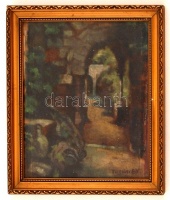 Olvashatatlan jelzéssel: Boltíves átjáró. Olaj, vászon, üvegezett keretben, 23×19 cm
