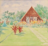 Olvashatatlan jelzéssel: Nyaraló. Akvarell, papír, üvegezett keretben, 31×33 cm