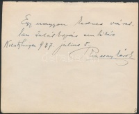 1937 Rassay Károly (1886-1958) ügyvéd, politikus üdvözlő sorai és aláírása kivágott lapon.