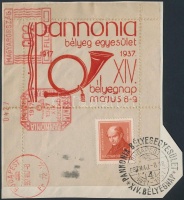 1937/2 Pannónia bélyegegyesület XIV. bélyegnap 2 klf emlékív, az egyik levelezőlapon, a másik kivágáson
