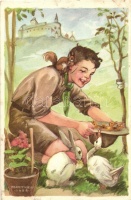 'A cserkész szereti a természetet, jó az állatokhoz...' Cserkész levelezőlapok kiadóhivatala / Hungarian scouting art postcard s: Márton L.