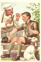 A cserkész takarékos; Cserkész levelezőlapok kiadóhivatal / Hungarian scouting art postcard s: Márton L.