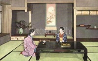 Japanenes house interior, main room, cordial greetings, folklore; published by the Japanese Government Railways