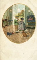 Girl gives flower to a boy, M. Munk No. 1228, s: Pauli Ebner