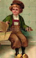Child in traditional dress, Dutch folklore, litho
