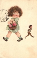Girl with basket of flowers, man walking in opposite direction (EK)