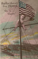 'Vers la Victoire!' / 'To Victory!', french postcard celebrating the entry of the United States to World War I, USA flag, baby on mast, warships in the background