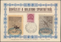 1941 Balatoni sporthét futott emléklap rajta fogazott, emlékívből kitépett bélyegek