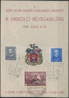 1938/3 III. Miskolci bélyegkiállítás emlékblokk 'Szent István ünnepségek' alkalmi bélyegzéssel (10.000) (gumi hibák / gum disturbances)