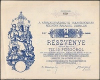 Debrecen 1938. 'Váradegyházmegyei Takarékpénztár Részvénytársaság, Debrecen' részvénye 10P-ről, teljes szelvényívvel, szárazpecséttel T:I-