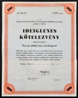 Budapest 1946. 'Budapest Székesfőváros 1910. évi 4%-kal kamatozó 2.000.000 font sterlinges adómentes kölcsön' ideiglenes kötelezvény bemutatóra 500 font sterlingről, szárazpecséttel és szelvényekkel T:II ragasztásnyom