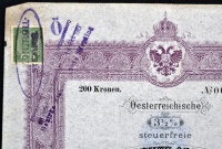 Ausztria / Bécs 1897. '3 1/2%-os Állami Nyugdíjkötvény' kötvény 200K-ról bélyegzésekkel T:III 
Austria / Vienna 1897. '3 1/2% State Pension Obligation (Staats-Rente-Obligation)' bond about 200 Corona with stamps C:F