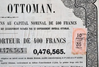 Oszmán Birodalom / Konstantinápoly 1870. Kötvény 400Fr-ról osztrák bélyeggel és bélyegzéssel T:III
Ottoman Empire / Constantinople 1870. Bond about 400 Francs with Austrian stamp and overprint C:F