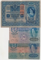 1902. 1000K piros 'Deutschösterreich' bélyegzéssel + 1913. 20K + 1913. 20K II. kiadás, piros 'Deutschösterreich' bélyegzéssel T:III,III-
Adamo K35B,K17,K18B