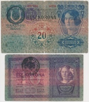 1904. 10K + 1913. 20K, mindkettő román felülbélyegzéssel, az egyik valószínűleg hamis, mindkettő 'Temes Vármegye Vinga Község' felülbélyegzéssel / probably fake Romanian overprint T:III,III-