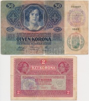 1914. 50K + 1917. 2K mindkettő 'TORONTÁL VÁRMEGYE NAGYSZENTMIKLÓS KÖZSÉG 1910' felülbélyegzéssel T:III fo., tűlyuk, szakadás