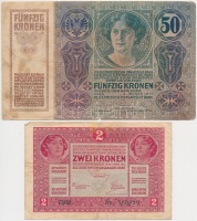 1914. 50K + 1917. 2K mindkettő 'TORONTÁL VÁRMEGYE NAGYSZENTMIKLÓS KÖZSÉG 1910' felülbélyegzéssel T:III fo., tűlyuk, szakadás