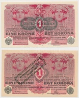 1916. 1K (2x) egyik 'DEUTSCHÖSTERREICH', másik hamis 'Ausgegeben nach dem 4. Oktober 1920' felülbélyegzéssel / fake overprint T:I,I-