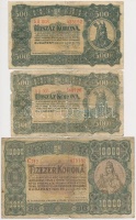 1923. 500K 'Magyar Pénzjegynyomda Rt. Budapest' (2x) + 10.000K 'Magyar Pénzjegynyomda Rt. Budapest' T:III,III-
Adamo K34,K42/1