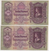 1930. 100P (4x) közte 2db sorszámkövető és 2db közeli sorszám, nyomdai papírráncokkal T:II