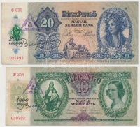 1936. 10P + 1941. 20P mindkettő hamis 'Debreceni Fiókintézet MNB' bélyegzéssel és adópengő bélyeggel / fake overprint and stamp T:II-,III